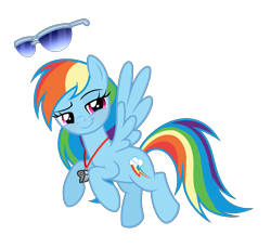 Size: 1601x1465 | Tagged: safe, artist:serenasparklyt, rainbow dash, pegasus, pony, g4, coach rainbow dash, female, flying, freckles, mare, simple background, solo, spitfire's whistle, sunglasses, transparent background, whistle