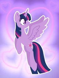 Size: 1200x1600 | Tagged: safe, artist:lindasaurie, derpibooru exclusive, twilight sparkle, alicorn, pony, g4, abstract background, eye clipping through hair, female, flying, gradient background, heart, lineless, mare, no mouth, outline, quick draw, solo, spread wings, twilight sparkle (alicorn), white outline, wings
