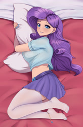 Size: 2244x3425 | Tagged: safe, artist:focusb, rarity, human, equestria girls, g4, anklet, bed, clothes, cute, ear piercing, earring, female, hug, humanized, jewelry, looking at you, lying down, lying on bed, microskirt, midriff, miniskirt, on bed, on side, piercing, pillow, pillow hug, raribetes, shirt, skirt, solo, stocking feet, stockings, thigh highs, thigh socks, zettai ryouiki