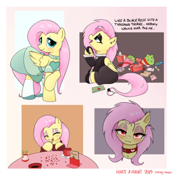 Size: 6300x6300 | Tagged: safe, artist:whiskeypanda, fluttershy, bat pony, pegasus, pony, g4, abstract background, bat ponified, bedroom eyes, blushing, bouquet, bouquet of flowers, bust, chocolates, clothes, collage, collar, date, dramatic, dress, dvd, ear piercing, eyes closed, eyeshadow, fangs, flower, flutterbat, fluttergoth, glowing, glowing eyes, hearts and hooves day, hoof polish, jewelry, laughing, letter, looking at you, looking up, makeup, menu, monologue, piercing, present, race swap, raised hoof, restaurant, scroll, shoes, shy, sitting, smiling, socks, solo, talking, valentine's day card