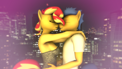 Size: 3840x2160 | Tagged: safe, artist:zgsfm, flash sentry, sunset shimmer, anthro, g4, 3d, city, duo, female, holiday, kissing, love, male, ship:flashimmer, shipping, source filmmaker, straight, valentine's day