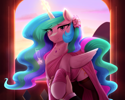 Size: 2500x2000 | Tagged: safe, artist:thebatfang, princess celestia, alicorn, human, pony, g4, backlighting, balcony, beautiful, clothes, cute, cutelestia, daydream, dress, ethereal mane, ethereal tail, feather, female, flower, flower in hair, flowing tail, folded wings, gem, glowing, glowing horn, hand, holiday, hoof hold, horn, jewelry, levitation, lidded eyes, looking at you, magic, mare, multicolored hair, necklace, offscreen character, peytral, pink eyes, pov, praise the sun, raised hoof, smiling, smiling at you, socks, solo focus, starry mane, stars, stockings, sunlight, sunset, sweet dreams fuel, tail, telekinesis, thigh highs, valentine's day, wings