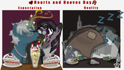 Size: 1332x750 | Tagged: safe, artist:devorierdeos, oc, oc:brush light, oc:striscia di inchiostro, cat, pony, unicorn, zebra, fallout equestria, alcohol, beer, blanket, blushing, cake, couch, date night, expectation vs reality, food, glasses, glowing, glowing horn, hearts and hooves day, horn, kissing, lonely, meme, shawarma, sleeping, vodka