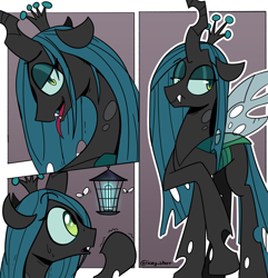 Size: 2233x2312 | Tagged: safe, artist:icey, queen chrysalis, changeling, changeling queen, g4, behaving like a moth, bug zapper, bugs doing bug things, cute, cute little fangs, cutealis, eyebrows, eyebrows visible through hair, fangs, lamp, lidded eyes, looking at you, this will end in pain, tongue out