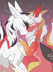 Size: 958x1290 | Tagged: safe, artist:beardie, oc, oc only, oc:season's greetings, oc:yiazmat, draconequus, unicorn, chest fluff, couple, draconequus oc, duo, ear fluff, embrace, feathered wings, female, gradient background, heart, holding, holiday, horn, horns, love, male, oc x oc, shipping, unicorn oc, valentine's day, wings