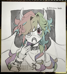 Size: 2738x3013 | Tagged: safe, artist:xinjinjumin3316237, rainbow dash, demon, human, equestria girls, g4, eyepatch, horns, humanized, solo, traditional art