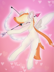 Size: 1301x1731 | Tagged: safe, artist:sodapop sprays, oc, oc only, oc:sodapop sprays, pegasus, pony, semi-anthro, blushing, bow (weapon), chest fluff, cupid, ear fluff, flying, freckles, pigtails, solo, squint, twintails