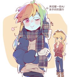 Size: 1200x1300 | Tagged: safe, artist:xinjinjumin3316237, applejack, rainbow dash, human, equestria girls, g4, chinese, clothes, duo, duo female, female, humanized, jacket, scarf, text, translated in the comments