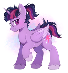 Size: 1814x1927 | Tagged: safe, artist:adostume, twilight sparkle, alicorn, pony, g4, bags under eyes, cute, digital art, female, fluffy, folded wings, glasses, hooves, horn, messy hair, messy mane, ponytail, raised hoof, redesign, short tail, solo, standing, tail, twilight sparkle (alicorn), wings