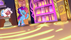 Size: 3072x1727 | Tagged: safe, screencap, misty brightdawn, pony, unicorn, g5, misty-rious new room, my little pony: tell your tale, spoiler:g5, spoiler:my little pony: tell your tale, spoiler:tyts02e05, book, female, mare, open mouth, open smile, rebirth misty, smiling, solo