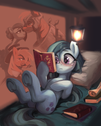 Size: 1730x2160 | Tagged: safe, artist:jewellier, big macintosh, marble pie, earth pony, pony, series:ask the pie sisters, g4, ask, bed, blushing, book, daydream, female, lying down, male, mare, reading, romance, scroll, ship:marblemac, shipping, stallion, straight, underhoof
