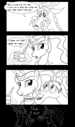 Size: 3024x5102 | Tagged: safe, artist:mr100dragon100, discord, princess celestia, g4, 3 panel comic, alternate hairstyle, cake, comic, cute, discute, female, food, hearts and hooves day, holiday, male, monochrome, ponytail, ship:dislestia, shipping, straight, the end, valentine's day