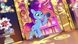 Size: 3072x1727 | Tagged: safe, screencap, misty brightdawn, butterfly, pony, unicorn, g5, misty-rious new room, my little pony: tell your tale, spoiler:g5, spoiler:my little pony: tell your tale, spoiler:tyts02e05, book, cute, female, grin, mare, mistybetes, rebirth misty, smiling, solo