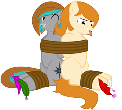 Size: 1412x1276 | Tagged: safe, artist:cardshark777, oc, oc only, oc:copper moon, oc:silver star, bat pony, earth pony, pony, bondage, bound and gagged, duo, feather, gag, hoof tickling, hooves, simple background, sock gag, socks, tape, tape gag, tickling, tied up, transparent background