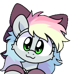 Size: 600x600 | Tagged: safe, artist:sugar morning, oc, oc only, oc:blazey sketch, pegasus, pony, animated, bow, clothes, female, gray fur, green eyes, hair bow, heart, kissing, looking at you, mare, multicolored hair, pegasus oc, simple background, solo, sugar morning's kissies, sweater, transparent background