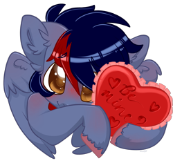 Size: 1393x1314 | Tagged: safe, alternate version, artist:apieceofmii, oc, oc only, oc:dawn chaser, pegasus, pony, blushing, bust, collar, colored hooves, commission, cute, digital art, eyebrows, eyebrows visible through hair, folded wings, hair over one eye, heart, heart pillow, hearts and hooves day, holiday, looking at you, male, male oc, pegasus oc, pillow, pony oc, shoulder blush, shy, simple background, smiling, solo, stallion, stallion oc, transparent background, two toned mane, unshorn fetlocks, valentine's day, wings, ych result