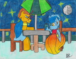 Size: 1094x849 | Tagged: safe, artist:acid flask, oc, oc only, oc:bold action, oc:film wheel, earth pony, pegasus, zebra, blushing, chair, clothes, coat, colored, colored pencil drawing, crossdressing, date, dinner, dress, duo, duo male, ear piercing, earring, floating heart, gay, happy, heart, holiday, in love, jewelry, male, married, married couple, menu, moon, night, pants, piercing, railing, ring, shirt, signature, size difference, smiling, stallion, stars, table, traditional art, umbrella, valentine's day, zebra oc