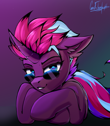 Size: 1030x1176 | Tagged: safe, artist:cmdrtempest, oc, oc only, oc:tempest revenant, pony, unicorn, cute, female, glasses, gradient background, horn, looking at you, mare, smiling, solo, sunglasses