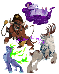 Size: 640x800 | Tagged: safe, artist:smirkingcat, baihe (tfh), nidra (tfh), stronghoof hoofstrong (tfh), texas (tfh), bull, deer, dragon, hybrid, longma, reindeer, tapir, them's fightin' herds, antlers, bell, buck, cloven hooves, community related, female, male, mane of fire, rope, simple background, tail, tail of fire, white background