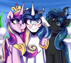 Size: 2250x2000 | Tagged: safe, artist:shadowreindeer, princess cadance, queen chrysalis, shining armor, alicorn, changeling, changeling queen, unicorn, g4, arm on shoulder, bisexual, biting, blush lines, blushing, ear bite, ear blush, female, holiday, kiss mark, lesbian, lipstick, male, mare, polyamory, shining armor gets all the mares, ship:chrysarmordance, shipping, stallion, straight, tongue out, valentine's day