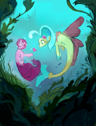 Size: 1280x1683 | Tagged: safe, artist:megalura, pinkie pie, princess skystar, earth pony, fish, pony, seapony (g4), g4, my little pony: the movie, algae, bubble, bubble on head, coral, crepuscular rays, digital art, duo, duo female, female, fin wings, fins, fish tail, flower, flower in hair, flowing mane, flowing tail, heart, helmet, holiday, jewelry, lesbian, looking at each other, looking at someone, mare, necklace, ocean, open mouth, open smile, pearl necklace, scales, seaweed, ship:skypie, shipping, signature, smiling, smiling at each other, sunlight, swimming, tail, underwater, valentine, valentine's day, water, wings