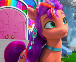 Size: 1331x1080 | Tagged: safe, screencap, sunny starscout, earth pony, pony, g5, izzy does it, my little pony: make your mark, my little pony: make your mark chapter 2, spoiler:g5, cropped, crystal brighthouse, cute, female, mane stripe sunny, mare, smiling, sunnybetes