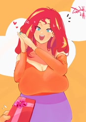 Size: 1400x2000 | Tagged: safe, artist:sozglitch, sunset shimmer, human, g4, bare shoulders, big breasts, box of chocolates, breasts, cleavage, emanata, female, floating heart, hands together, heart, holiday, huge breasts, humanized, nail polish, offscreen character, open mouth, open smile, pov, signature, smiling, solo focus, valentine, valentine's day