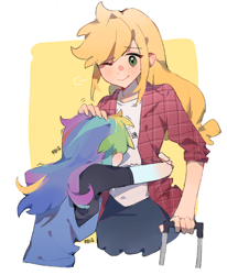 Size: 1170x1422 | Tagged: safe, artist:xinjinjumin3316237, applejack, rainbow dash, human, equestria girls, g4, duo, duo female, female, humanized, lesbian, one eye closed, petting, ship:appledash, shipping, smiling