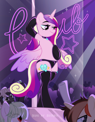 Size: 3000x3854 | Tagged: safe, artist:ghostpikachu, princess cadance, alicorn, pony, semi-anthro, g4, base artist:seurnik, base used, bedroom eyes, belly, bipedal, clothes, club, collar, dancing, female, high res, latex, latex panties, latex socks, lidded eyes, mare, money, panties, party, pole, pole dancing, seductive, seductive look, seductive pose, sexy, socks, solo focus, spotlight, spread wings, stockings, stripper pole, stupid sexy princess cadance, thigh highs, underwear, wings