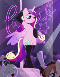 Size: 3000x3854 | Tagged: safe, alternate version, artist:ghostpikachu, princess cadance, alicorn, pony, semi-anthro, g4, base used, bedroom eyes, bipedal, clothes, club, collar, dancing, high res, horn, latex, latex socks, lidded eyes, party, pole, pole dancing, seductive, seductive look, seductive pose, sexy, socks, solo focus, spotlight, stockings, stripper pole, stupid sexy princess cadance, thigh highs, wings