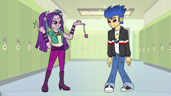 Size: 5760x3240 | Tagged: safe, artist:tf-circus, aria blaze, flash sentry, equestria girls, g4, canterlot high, heart, hypnosis, hypnotist, hypnotized, jewelry, lockers, love spell, pendant, swirly eyes