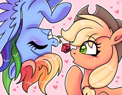 Size: 2019x1586 | Tagged: safe, artist:galaxy swirl, applejack, rainbow dash, earth pony, pegasus, pony, g4, applejack's hat, cowboy hat, duo, duo female, eyes closed, female, flower, flower in mouth, flying, grin, hat, heart, lesbian, mare, mouth hold, open mouth, raised hoof, rose, rose in mouth, ship:appledash, shipping, smiling, spread wings, upside down, wings