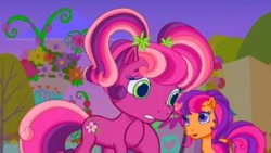 Size: 350x197 | Tagged: safe, screencap, cheerilee (g3), scootaloo (g3), earth pony, pony, g3, g3.5, twinkle wish adventure, braid, night, pigtails, ponyville, sad, talking, upset