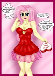 Size: 2975x4092 | Tagged: safe, artist:lennondash, fluttershy, butterfly, human, equestria girls, g4, 2d, blushing, box of chocolates, breasts, busty fluttershy, cleavage, clothes, dialogue, dress, eyeshadow, female, fingernails, hairclip, happy valentines day, heart, holiday, jewelry, legs, looking at you, makeup, nail polish, necklace, open mouth, pearl necklace, pink background, present, red dress, simple background, skirt, smiling, smiling at you, solo, speech bubble, stupid sexy fluttershy, talking to viewer, thighs, valentine's day