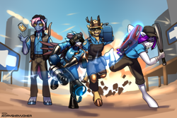 Size: 3000x2000 | Tagged: safe, artist:jedayskayvoker, oc, oc only, oc:aleister, oc:junup, oc:laurits rutger, oc:thunder twist, deer, earth pony, pegasus, pony, anthro, unguligrade anthro, antlers, baseball bat, blu, bow (weapon), clothes, cloven hooves, colored sketch, crossover, deer oc, earth pony oc, engineer, engineer (tf2), epic, explosion, flamethrower, gas mask, goggles, grin, jar, jarate, male, mask, melee weapon, non-pony oc, open mouth, patreon, patreon reward, pee in container, pegasus oc, pyro (tf2), running, scout (tf2), sketch, smiling, smirk, sniper, sniper (tf2), team fortress 2, toolbox, urine, weapon