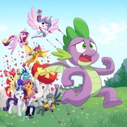 Size: 1225x1225 | Tagged: safe, artist:riouku, apple bloom, gabby, princess cadance, princess ember, princess flurry heart, rarity, scootaloo, smolder, spike, sweetie belle, alicorn, dragon, griffon, unicorn, g4, 2d, apple, arrow, bow (weapon), bow and arrow, camera, commissioner:vatobot17, cupid, cutie mark, cutie mark crusaders, dragoness, female, food, gemstones, grass, grass field, hearts and hooves day, holiday, horn, jam, like mother like daughter, like parent like child, male, mother and child, mother and daughter, outdoors, princess of love, princess of shipping, proud, running, running away, scared, ship:emberspike, ship:scootaspike, ship:spabby, ship:sparity, ship:spikebelle, ship:spikebloom, ship:spolder, shipping, spike gets all the dragons, spike gets all the mares, spike is not amused, straight, this will end in snu snu, unamused, valentine's day, weapon, winged spike, wings, zap apple, zap apple jam