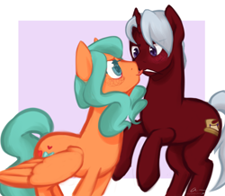 Size: 3980x3465 | Tagged: safe, artist:aisuroma, oc, oc only, oc:aisuroma, oc:phossy, pegasus, pony, unicorn, boop, duo, high res, licking, noseboop, oc x oc, shipping, tongue out