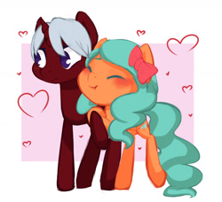 Size: 1280x1167 | Tagged: safe, alternate version, artist:aisuroma, oc, oc only, oc:aisuroma, oc:phossy, pegasus, pony, unicorn, :t, bow, duo, hair bow, heart, holding hooves, looking away, oc x oc, shipping, snuggling