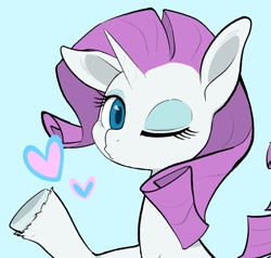 Size: 1557x1480 | Tagged: safe, artist:noupu, rarity, pony, unicorn, g4, blowing a kiss, bust, female, floating heart, heart, light blue background, looking at you, mare, one eye closed, simple background, solo, unshorn fetlocks, wink, winking at you
