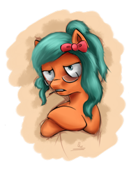 Size: 500x675 | Tagged: safe, artist:aisuroma, artist:thelastphosphonian, oc, oc only, oc:aisuroma, pony, annoyed, bow, bust, cigarette, glasses, hair bow, solo