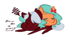 Size: 1042x544 | Tagged: safe, artist:aisuroma, oc, oc only, oc:aisuroma, oc:phossy, pony, unicorn, blushing, bow, dialogue, hair bow, lying down, oc x oc, prone, shipping, simple background, sleeping, white background