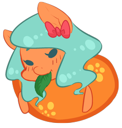 Size: 1329x1393 | Tagged: safe, artist:aisuroma, oc, oc only, oc:aisuroma, food pony, pony, bow, food, hair bow, leaf, mouth hold, orange, ponified, simple background, solo, transparent background