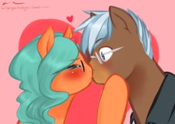 Size: 1280x905 | Tagged: safe, artist:aisuroma, oc, oc only, oc:aisuroma, pony, bust, clothes, glasses, heart, kiss on the lips, kissing, portrait