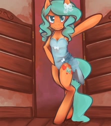 Size: 1024x1160 | Tagged: safe, artist:aisuroma, oc, oc only, oc:aisuroma, pony, bipedal, clothes, doorway, dress, lipstick, showgirl, solo