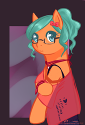 Size: 1138x1676 | Tagged: safe, artist:aisuroma, oc, oc only, oc:aisuroma, pony, bipedal, bow, bust, clothes, frown, glasses, see-through, solo