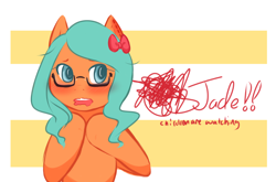 Size: 2278x1500 | Tagged: safe, artist:aisuroma, oc, oc only, oc:aisuroma, pony, blushing, bow, bust, glasses, hair bow, innuendo, open mouth, solo