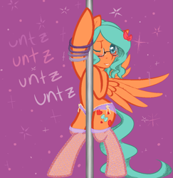 Size: 891x915 | Tagged: safe, artist:aisuroma, oc, oc only, oc:aisuroma, pegasus, pony, blushing, clothes, cute, glasses, panties, pole dancing, solo, stockings, stripper pole, thigh highs, underwear