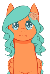Size: 357x524 | Tagged: safe, artist:aisuroma, oc, oc only, oc:aisuroma, pegasus, pony, bust, cute, flower, flower in hair, front view, looking at you, simple background, solo, wavy mouth, white background
