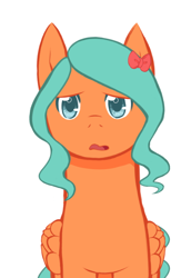 Size: 500x727 | Tagged: safe, artist:aisuroma, oc, oc only, oc:aisuroma, pegasus, pony, bow, bust, front view, hair bow, looking at you, open mouth, simple background, solo, white background, worried