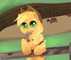 Size: 7044x6012 | Tagged: safe, artist:aisuroma, applejack, earth pony, pony, g4, absurd resolution, applejack's hat, cowboy hat, cute, female, fence, freckles, hat, horseshoes, jackabetes, leaning, looking at you, mare, mouth hold, solo